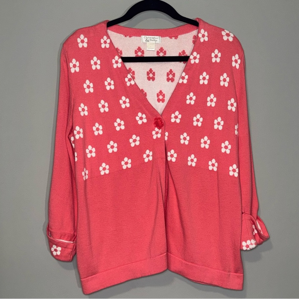 Christopher & Banks Womens Pink Floral‎ Single Button Cardigan Sweater Large L